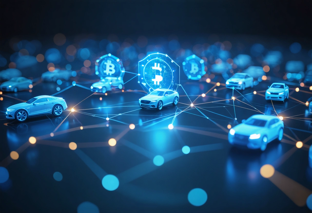 Blockchain network illustration connecting car icons on dark background