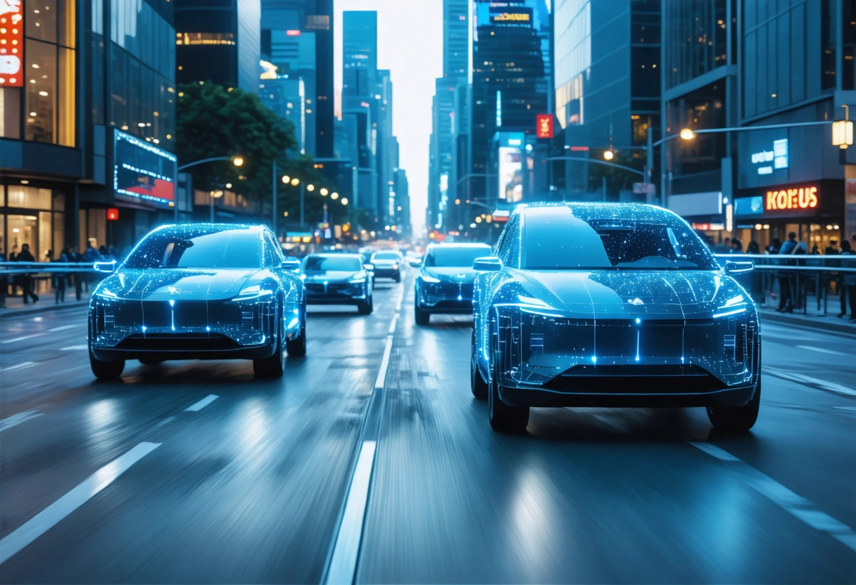 Futuristic cityscape with autonomous cars and advanced security systems