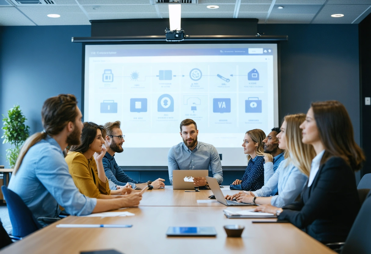 Employees in security training session with projector displaying protocols