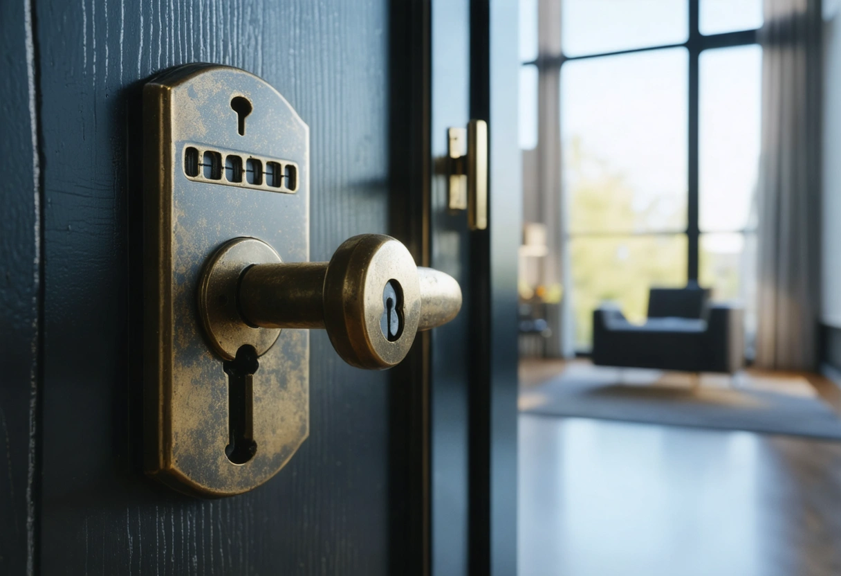 High-security lock with complex keyway on sturdy door.