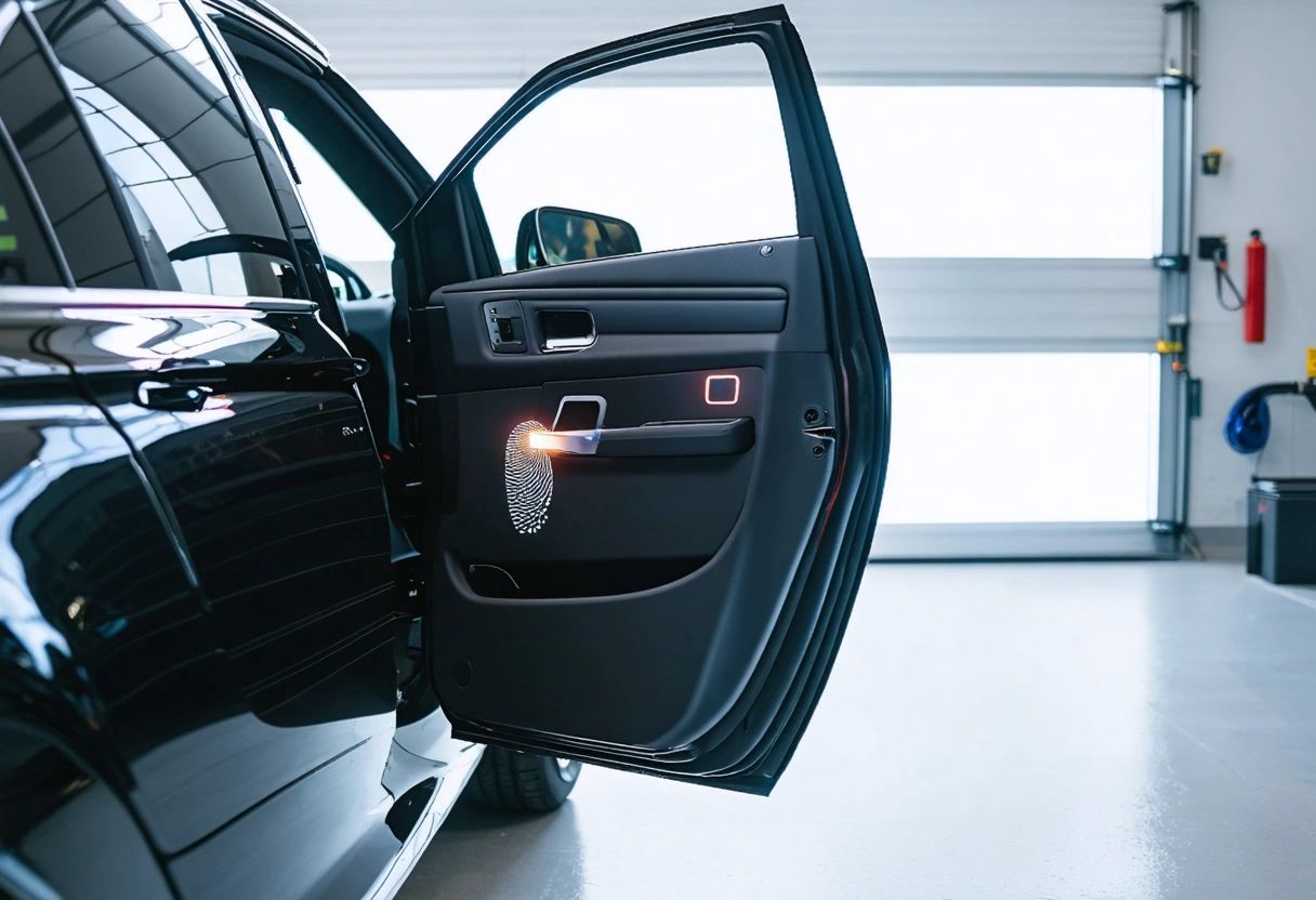 Car door with biometric fingerprint scanner glowing in modern garage