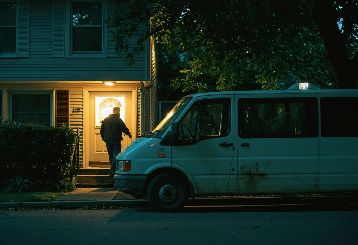 Locksmith arriving at night with van, streetlights illuminating scene.