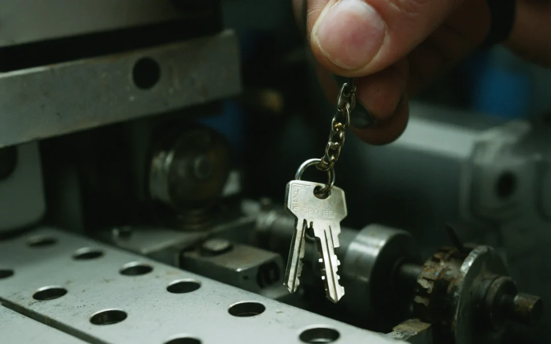 "Locksmith duplicating a key with precision in a well-lit workshop, close-up view."