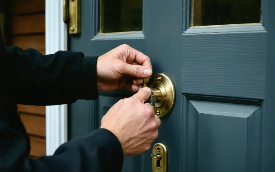 Locksmith rekeying a door lock in a well-lit Englewood home, focusing on lock mechanism.