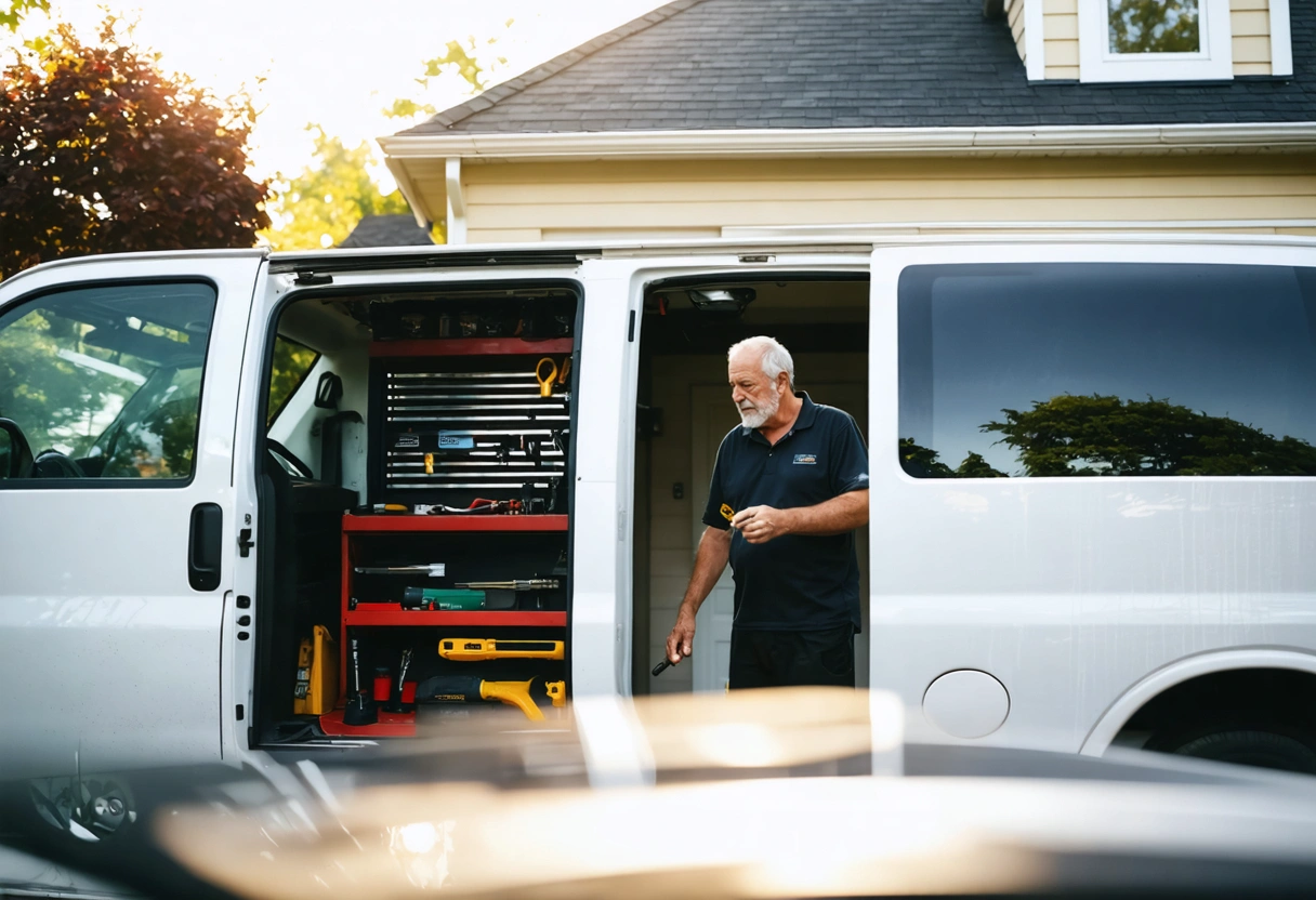 Locksmith van parked, locksmith talking to customer