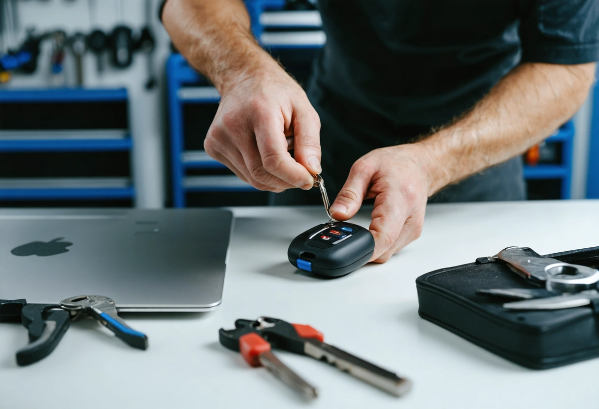 Locksmith working on car key fob in workshop