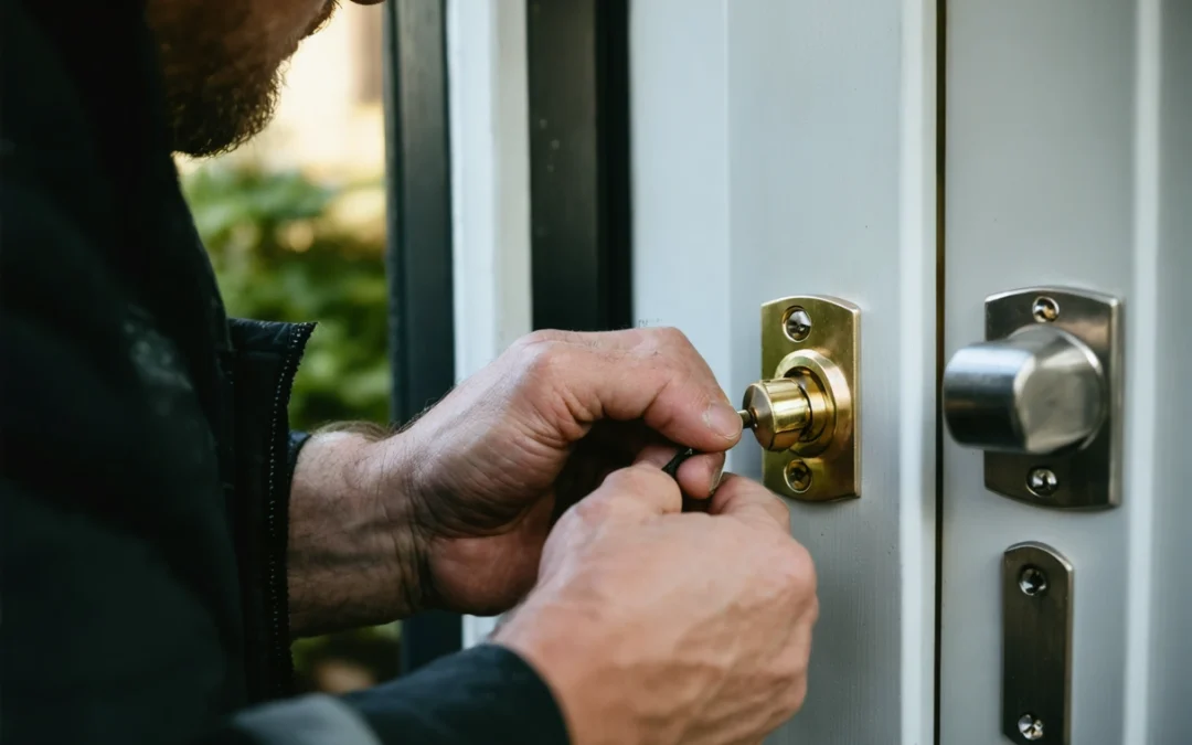Locksmith installing high-security lock in a home, showcasing tools and precision, daytime.