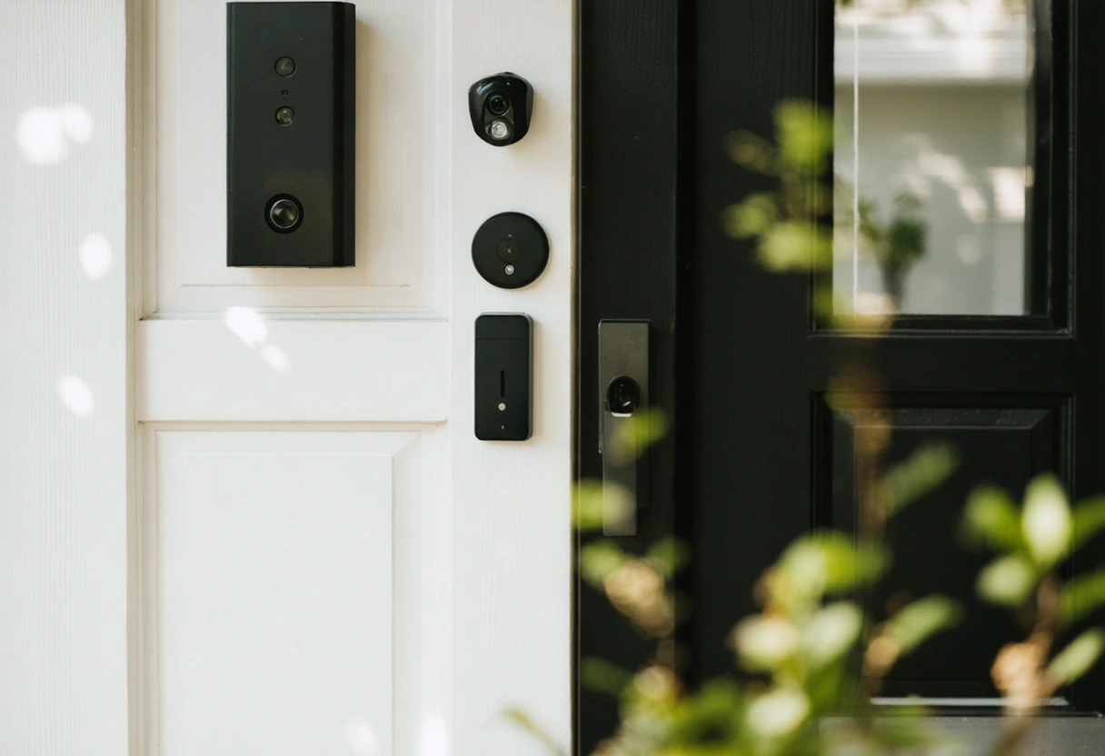 A modern Englewood home with visible security measures: deadbolts, smart locks, and a security camera.