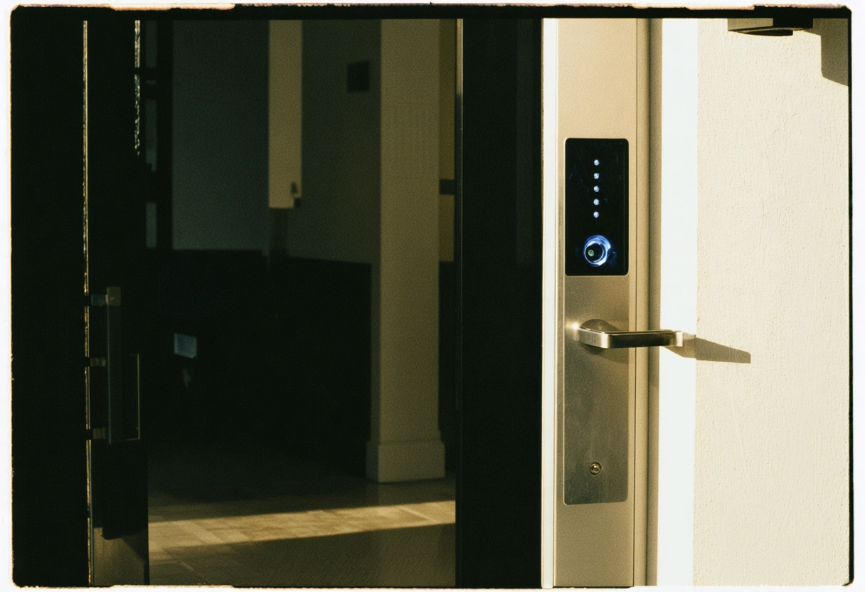 Modern home entrance with biometric lock and fingerprint scanner.