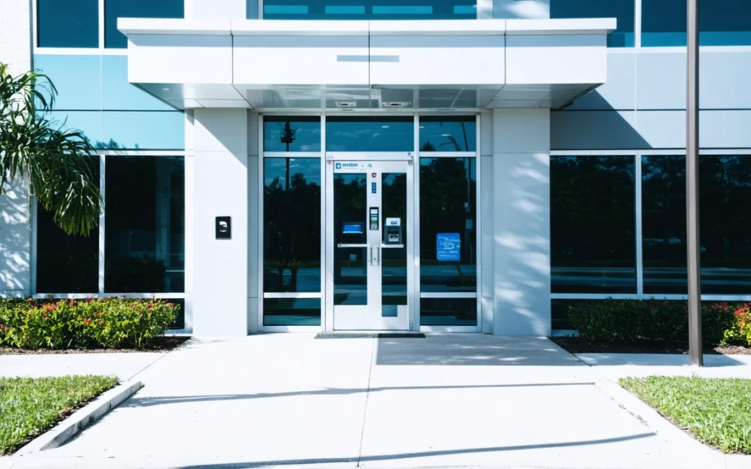 Modern Englewood office with biometric access control system, sleek architecture, and bright daylight.