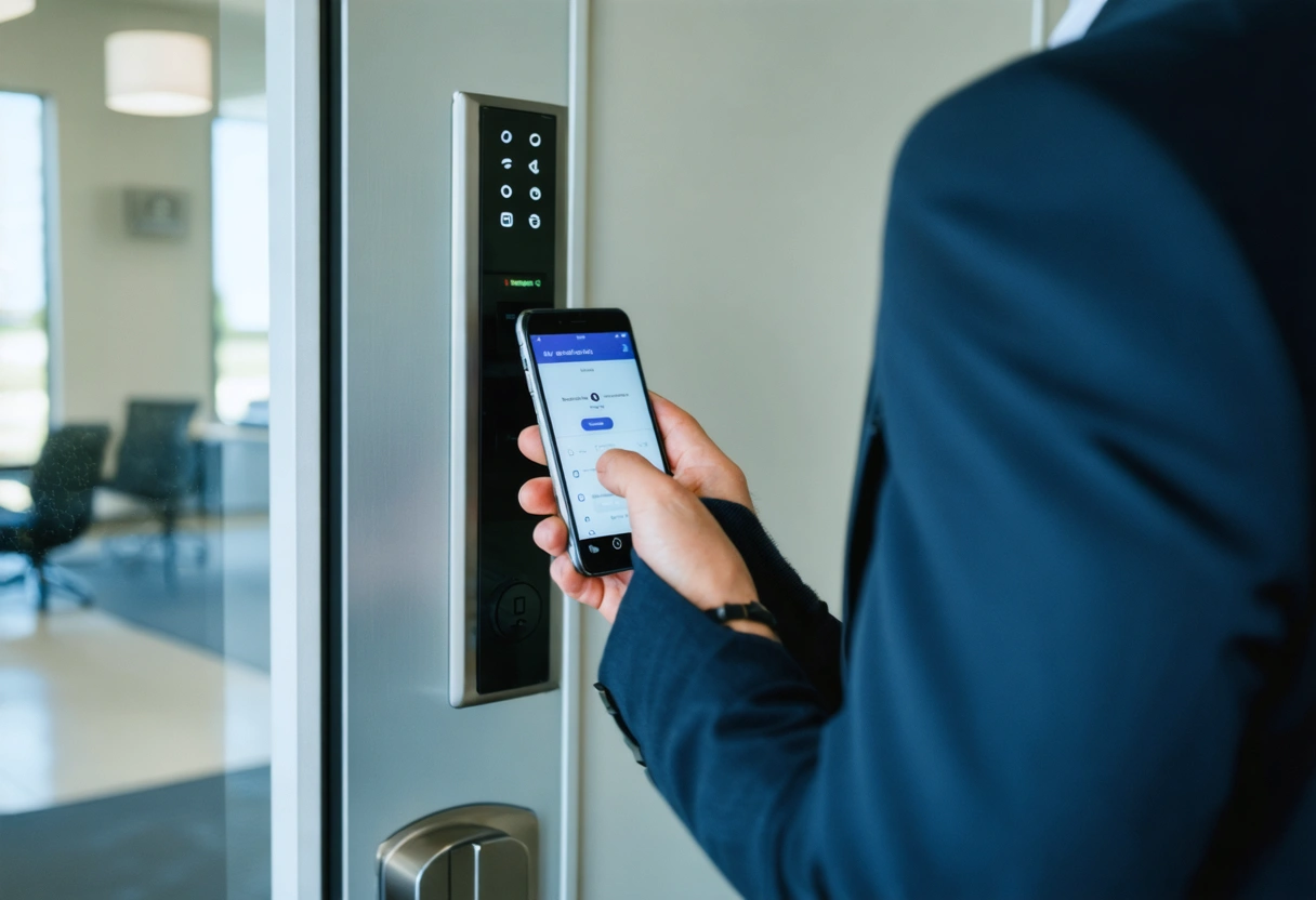 A modern office in Englewood, Florida, with an employee using a smartphone to unlock a