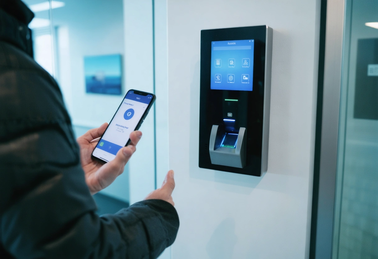 A modern office with electronic access control systems like key card readers and biometric scanners.