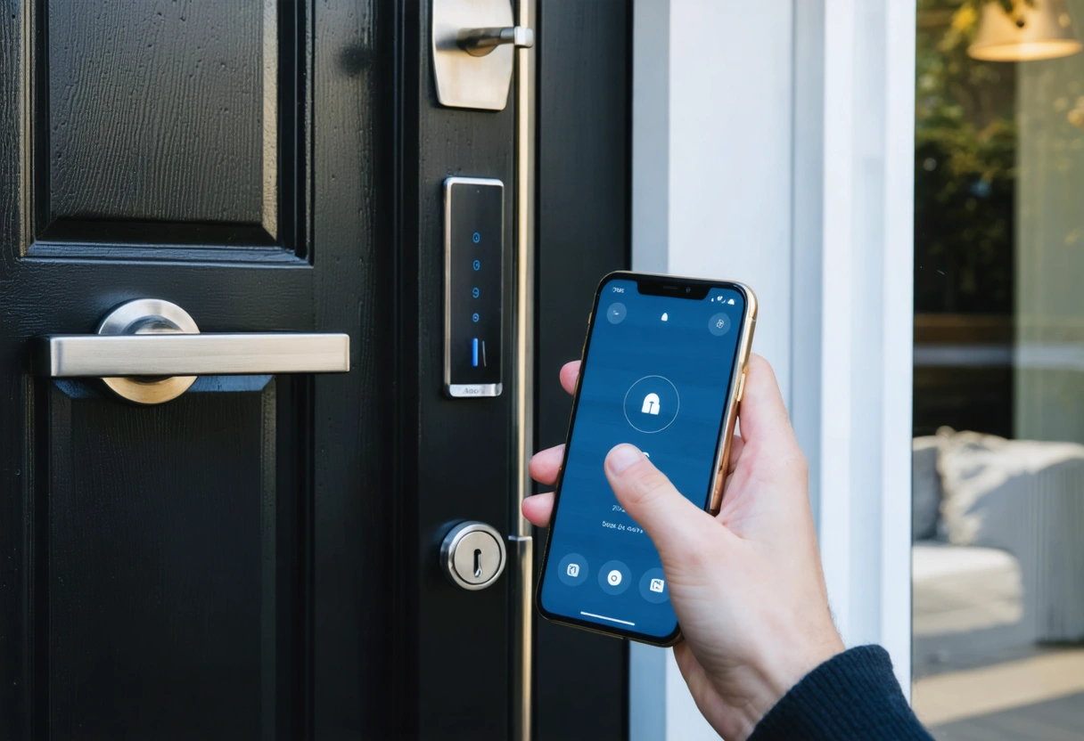 Smartphone controlling modern smart lock on door outdoors.