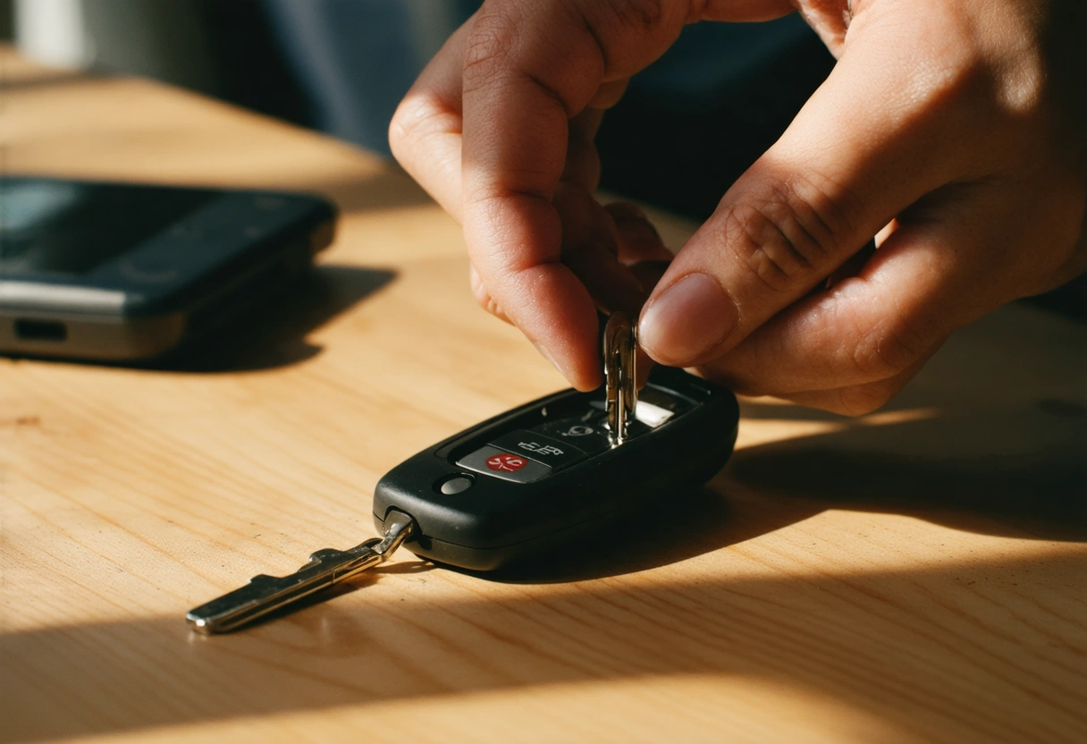 Hands changing battery in open car key fob on table