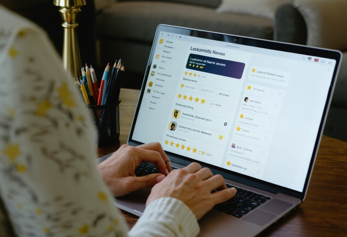 Person reviewing locksmith services on laptop in home office.