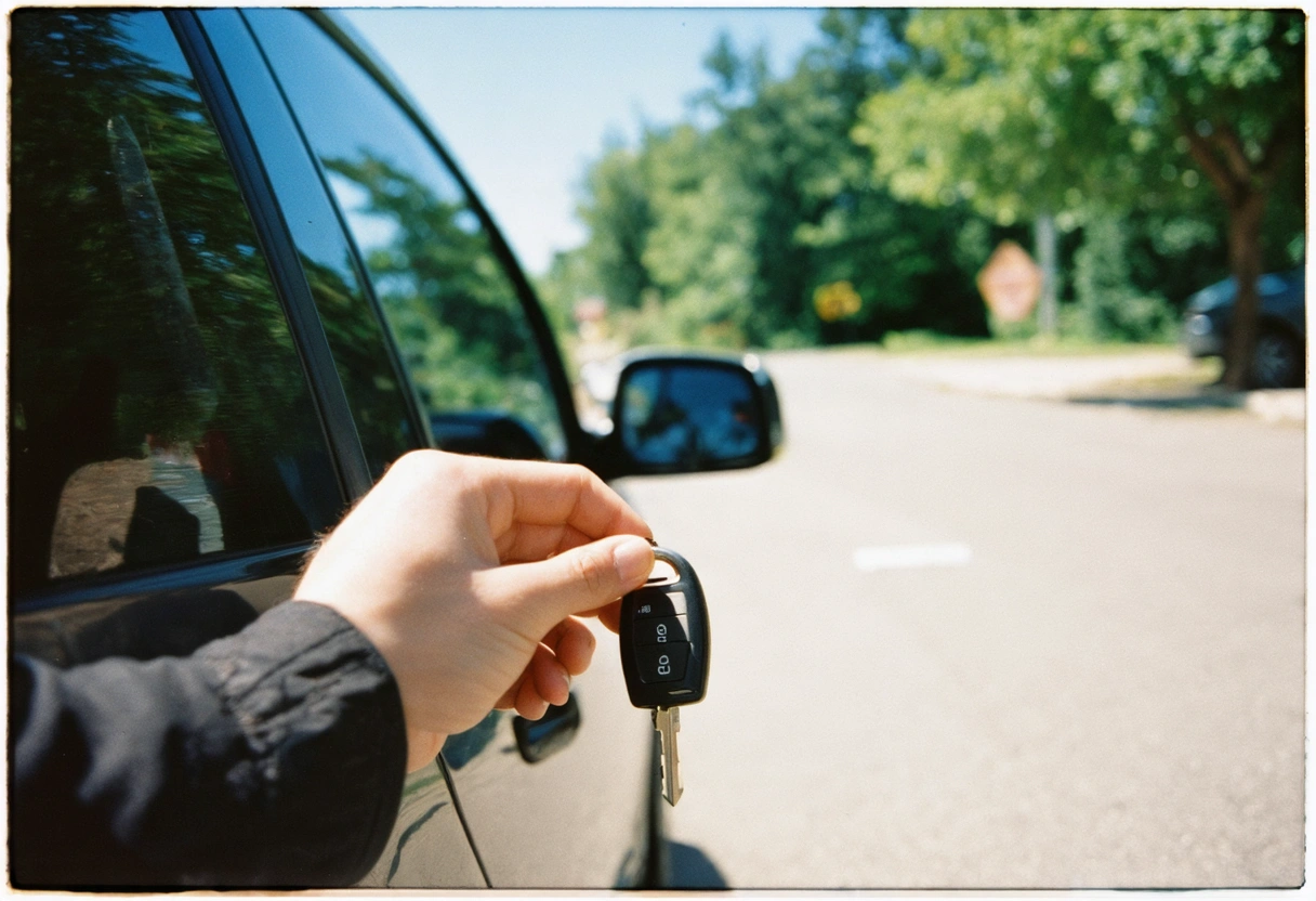 Person holding car key fob near car door