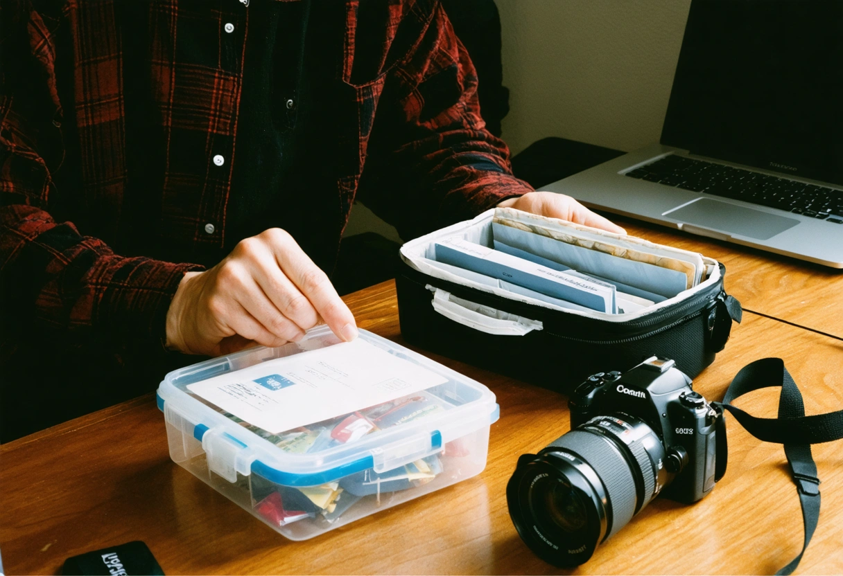 Person organizing documents in waterproof container in home office