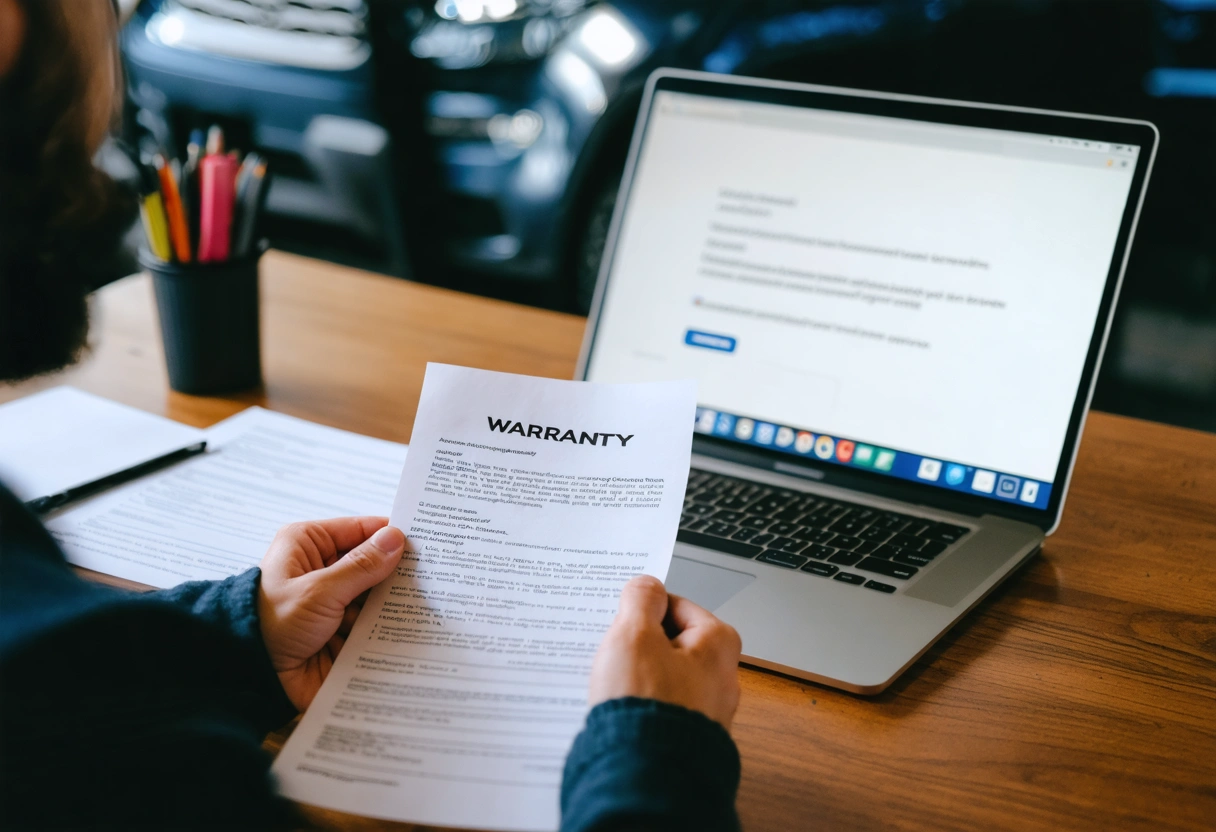 Person reading car warranty document at desk