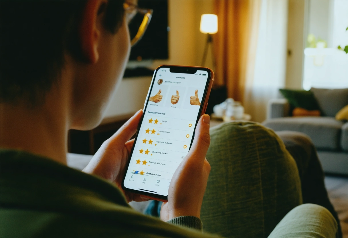 Person reading locksmith reviews on smartphone in living room.