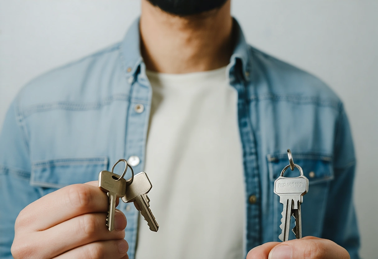 Person holding keys and re-keying kit, contemplating options.