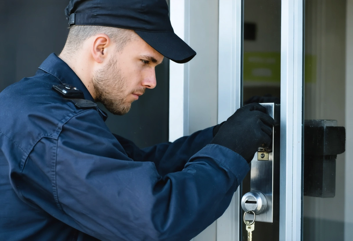 Locksmith installing high-security lock on commercial door with tools