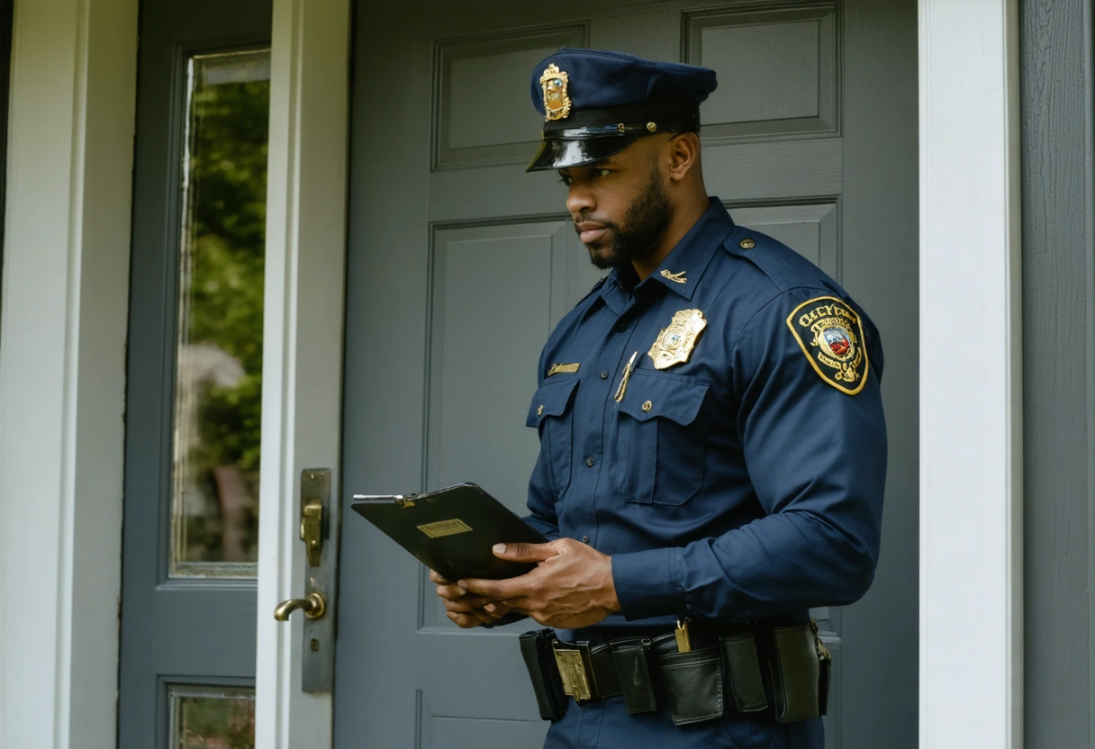 A professional locksmith in uniform, showing credentials to a homeowner at the doorstep of an