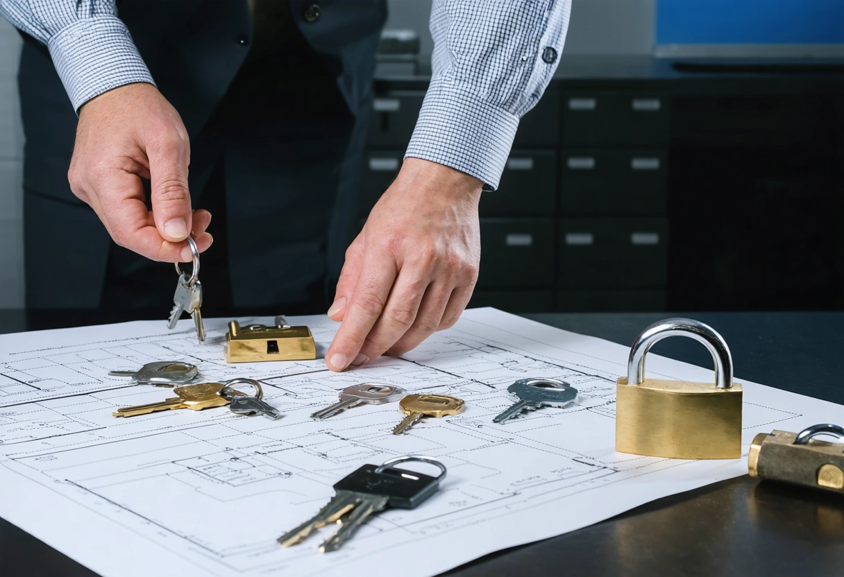 A retail store manager reviewing security plans with a locksmith. Various locks and keys are