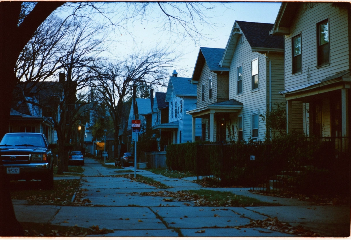 A serene Englewood neighborhood at dusk, with homes displaying new locks and security systems. The
