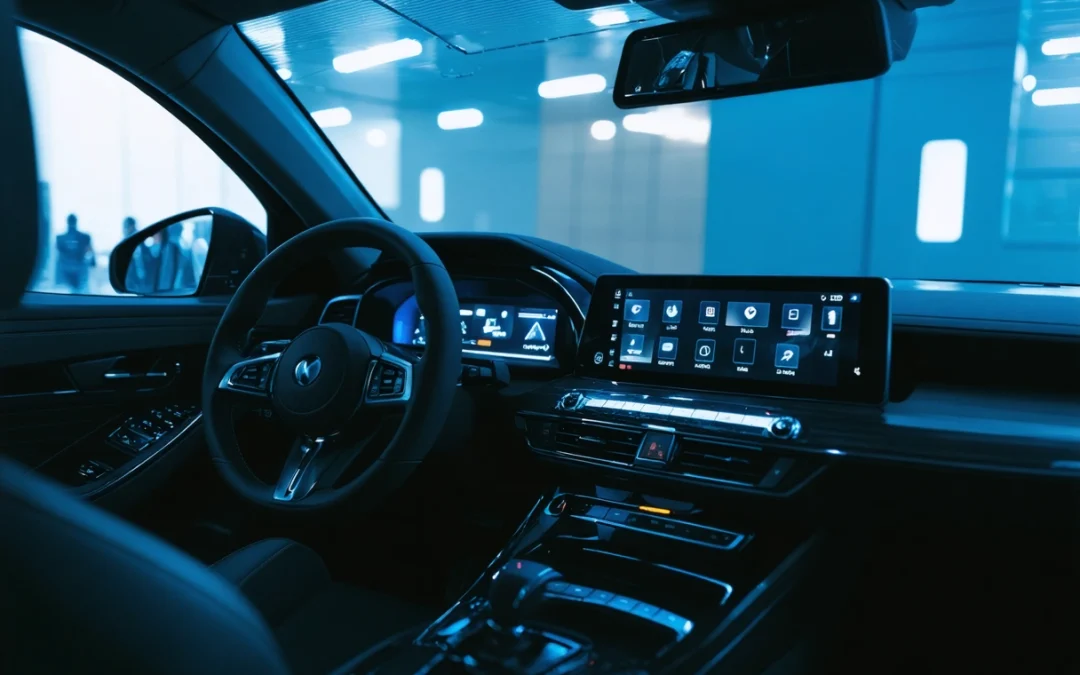Car dashboard with smart key interface, ambient lighting, and futuristic design from driver's POV.