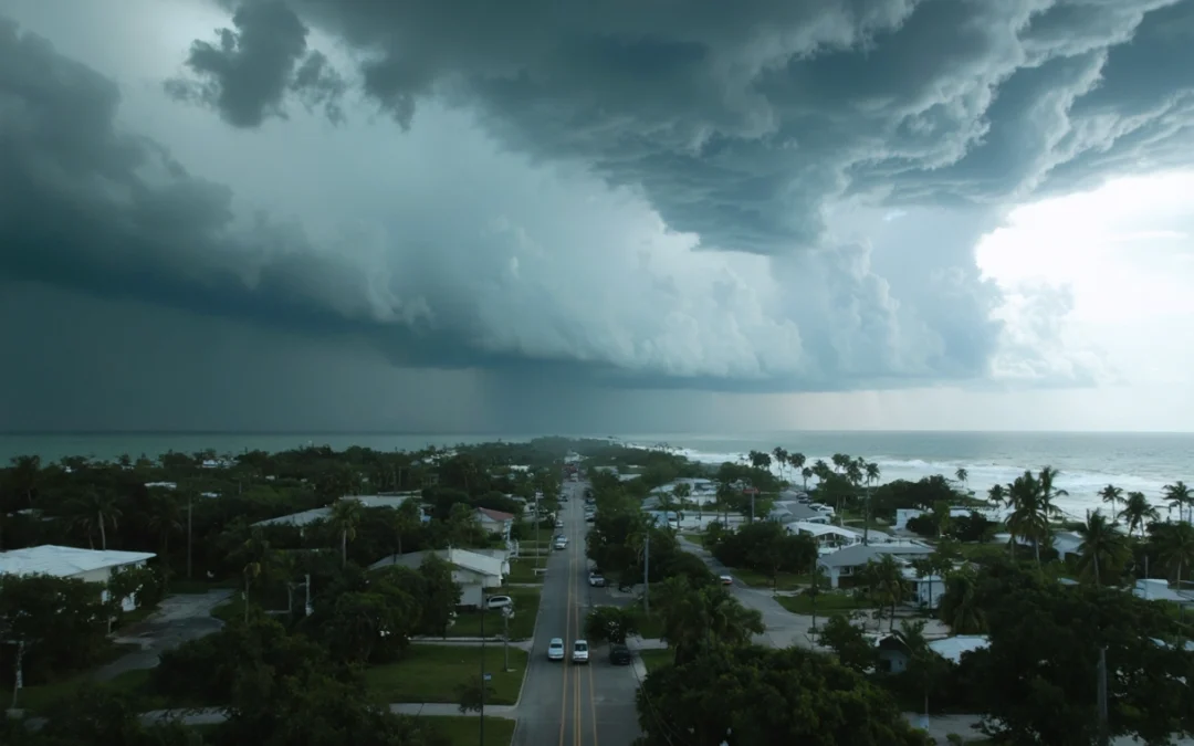 Aerial view of Englewood, Florida, with storm clouds signaling an approaching hurricane.