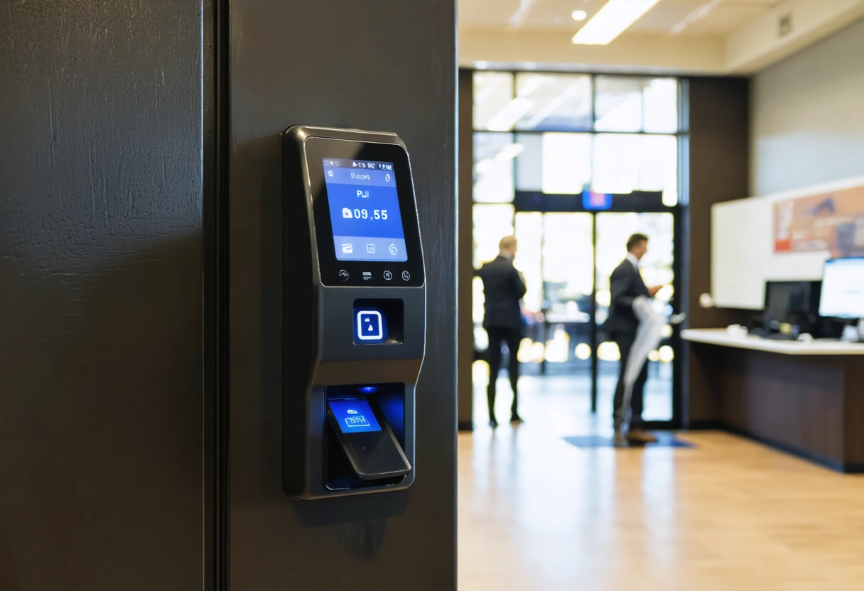 An Englewood business interior showing a card reader access control system at a secure door.