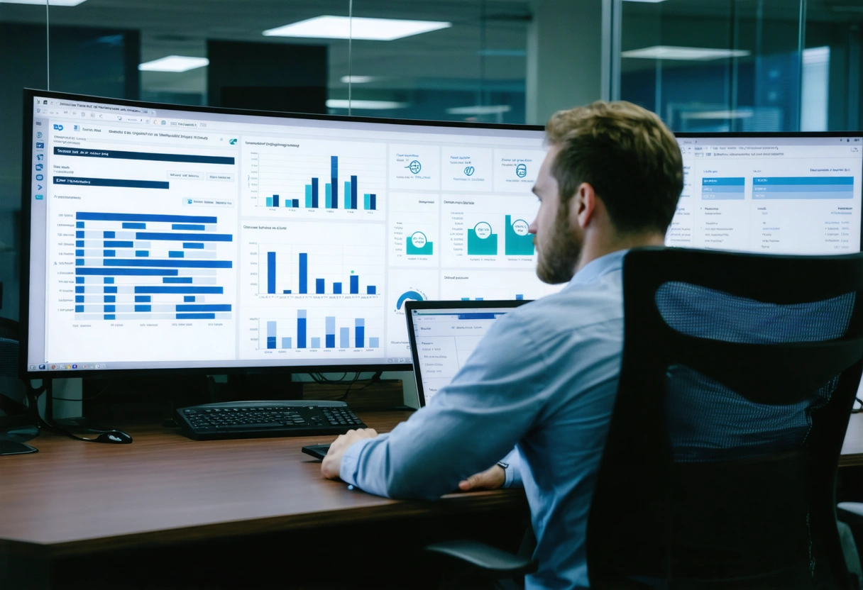 An Englewood business office with a manager reviewing cost analysis charts for access control systems.