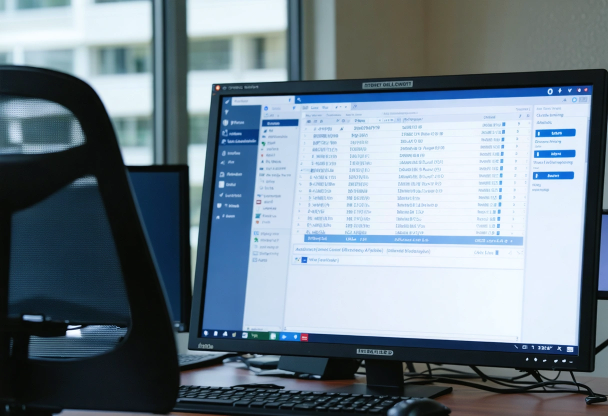 An office in Englewood, Florida, featuring a compliance officer reviewing access control data on a