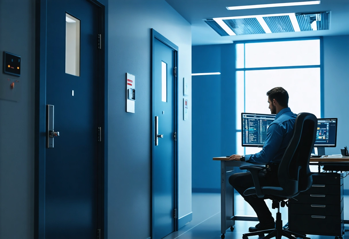 An office with different access doors, each labeled with varying security levels. A security officer