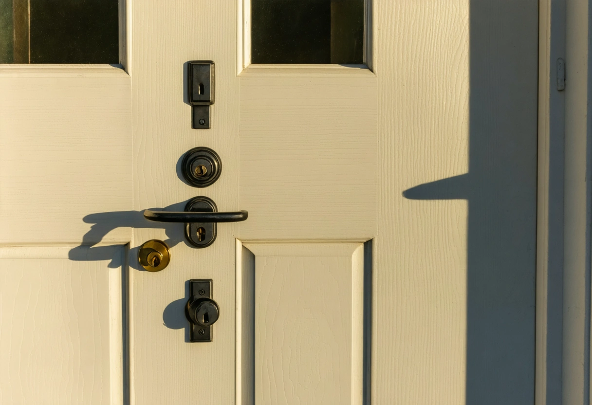 Sturdy door with deadbolt and impact-resistant window in soft light