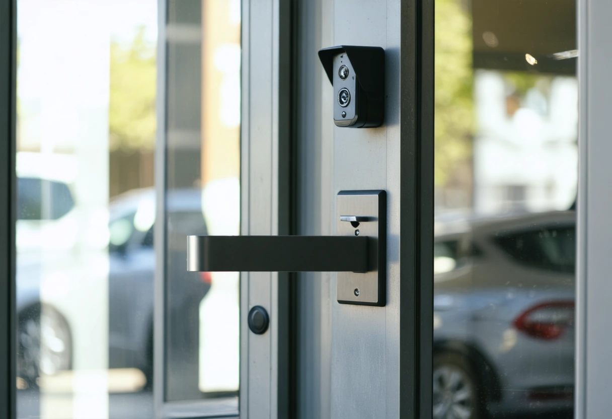 High-tech lock system on commercial door with integrated security cameras