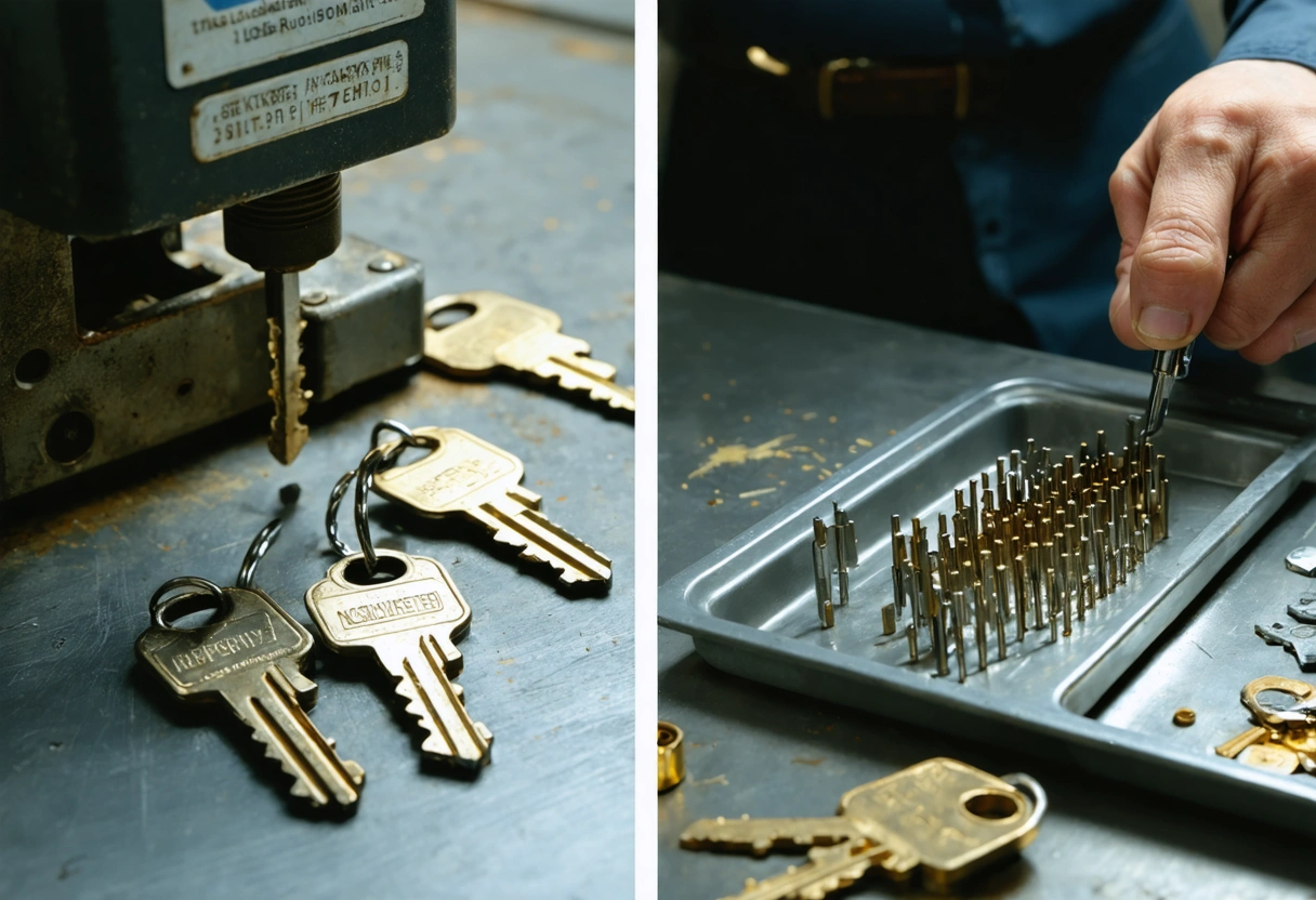 Locksmith duplicating keys and re-keying a door lock on a professional workbench