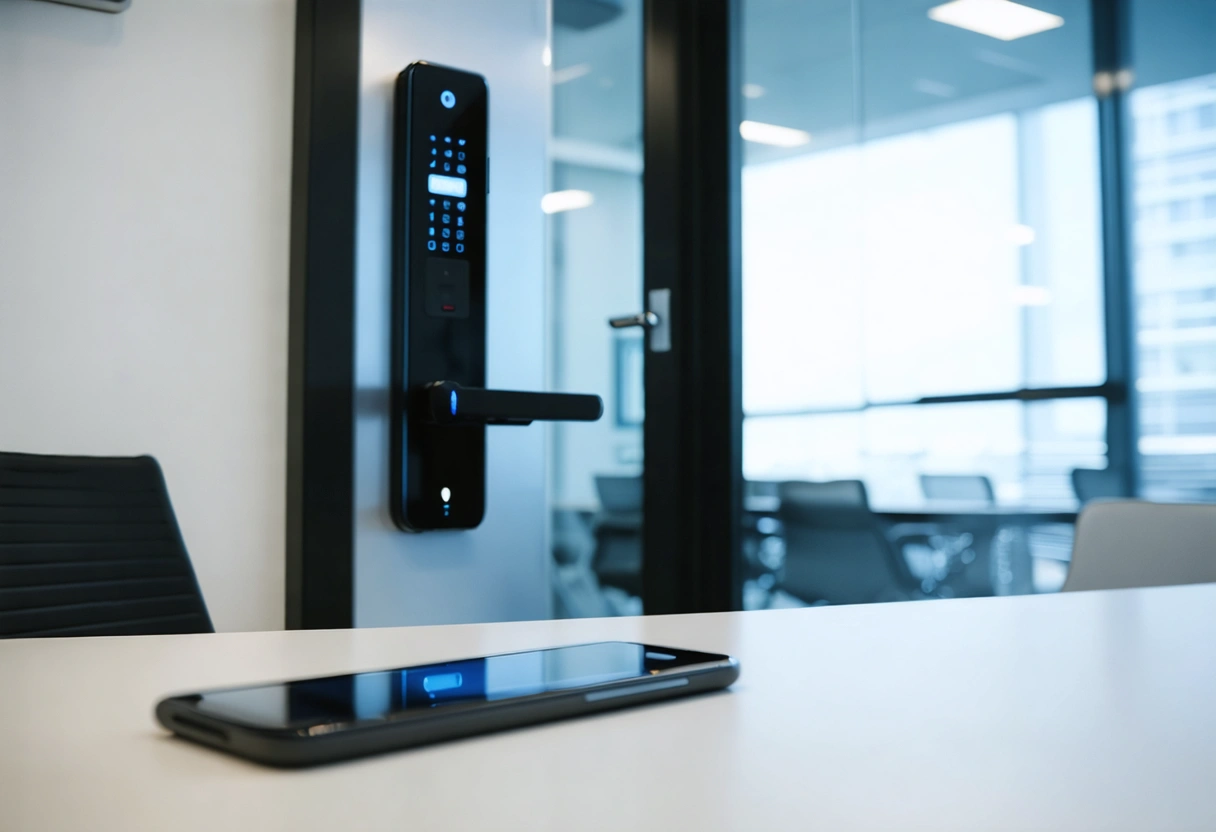 Smart lock on office door controlled via smartphone app