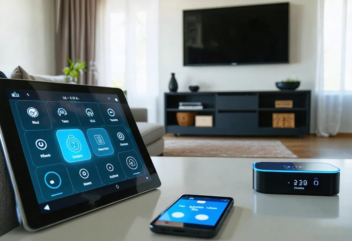 Modern living room with smart home devices and digital tablet interface