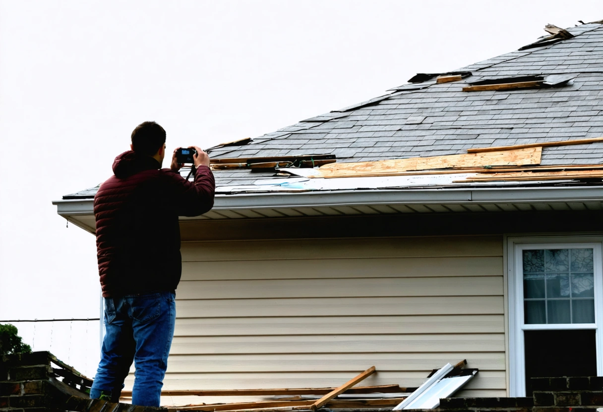 Person photographing roof damage post-hurricane under overcast skies