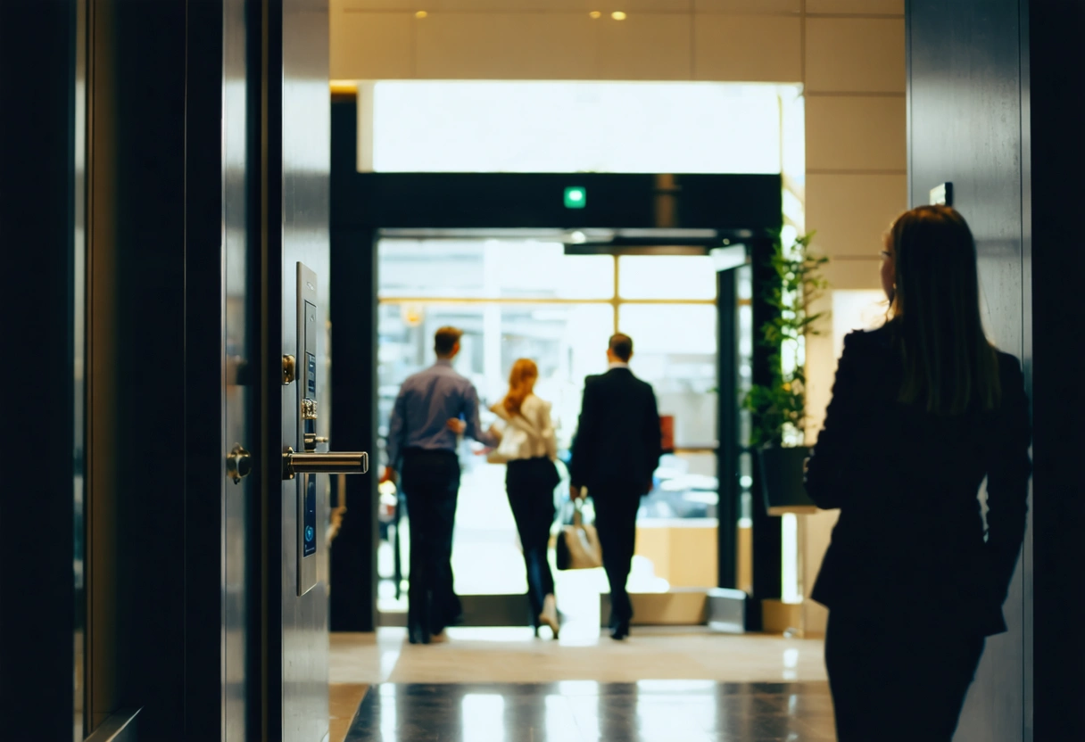 A business lobby with smart locks and clients entering. Bright, welcoming environment, focus on security