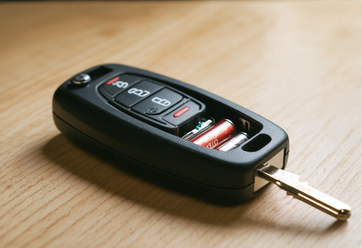Car key fob with open battery compartment on wooden table