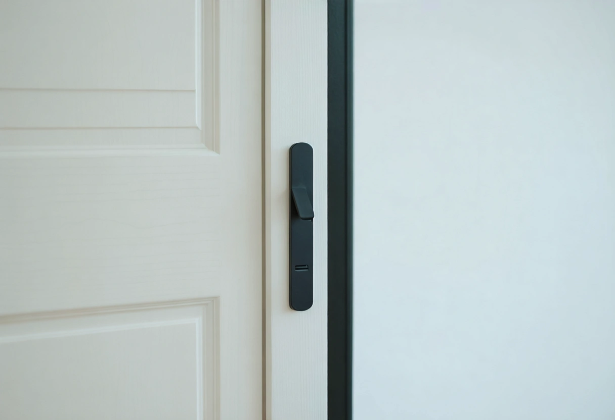A close-up of a concealed door closer on a sleek, modern door. Bright daylight highlights