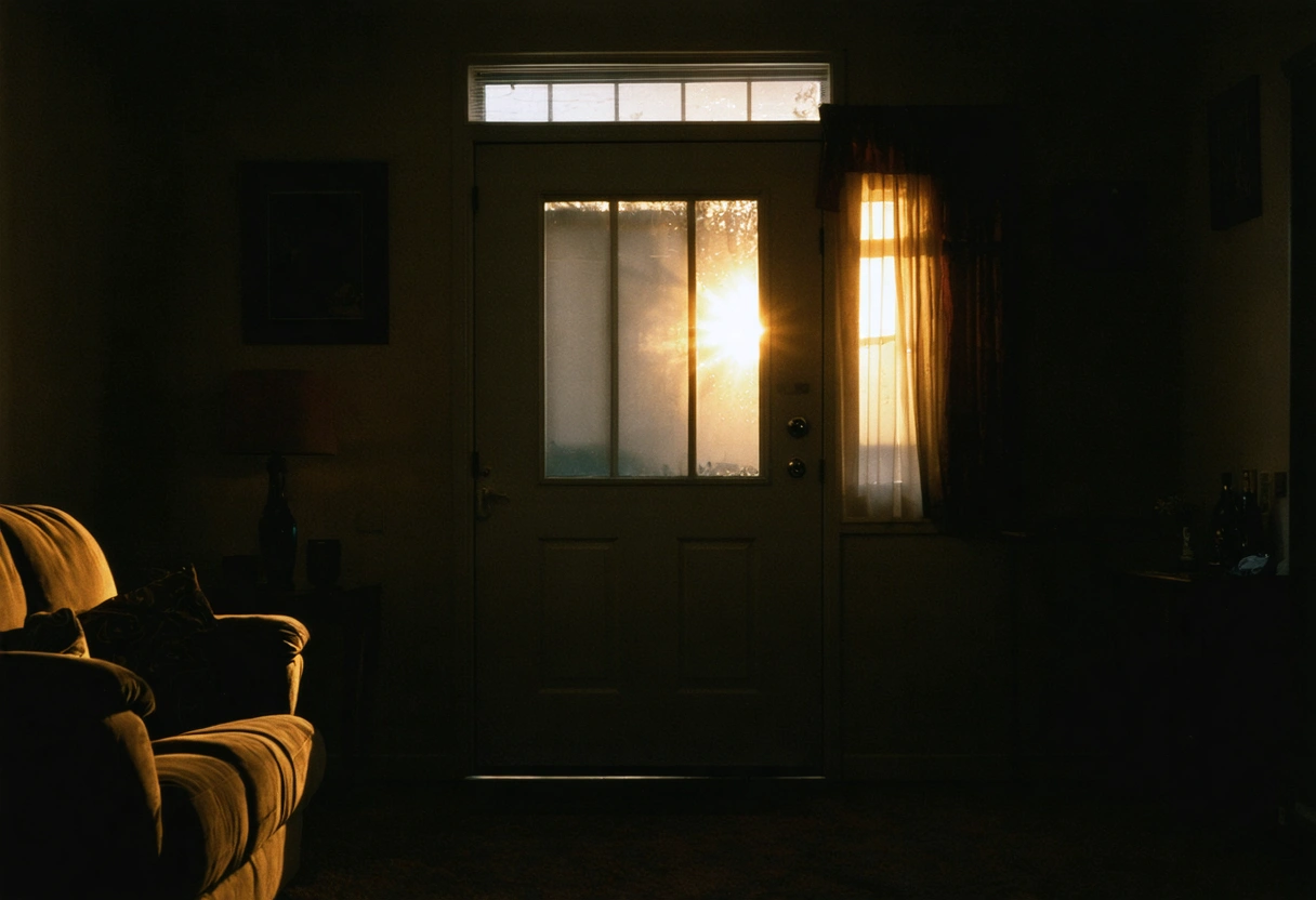 A cozy living room with a door closing automatically, showcasing security. Evening light casts warm