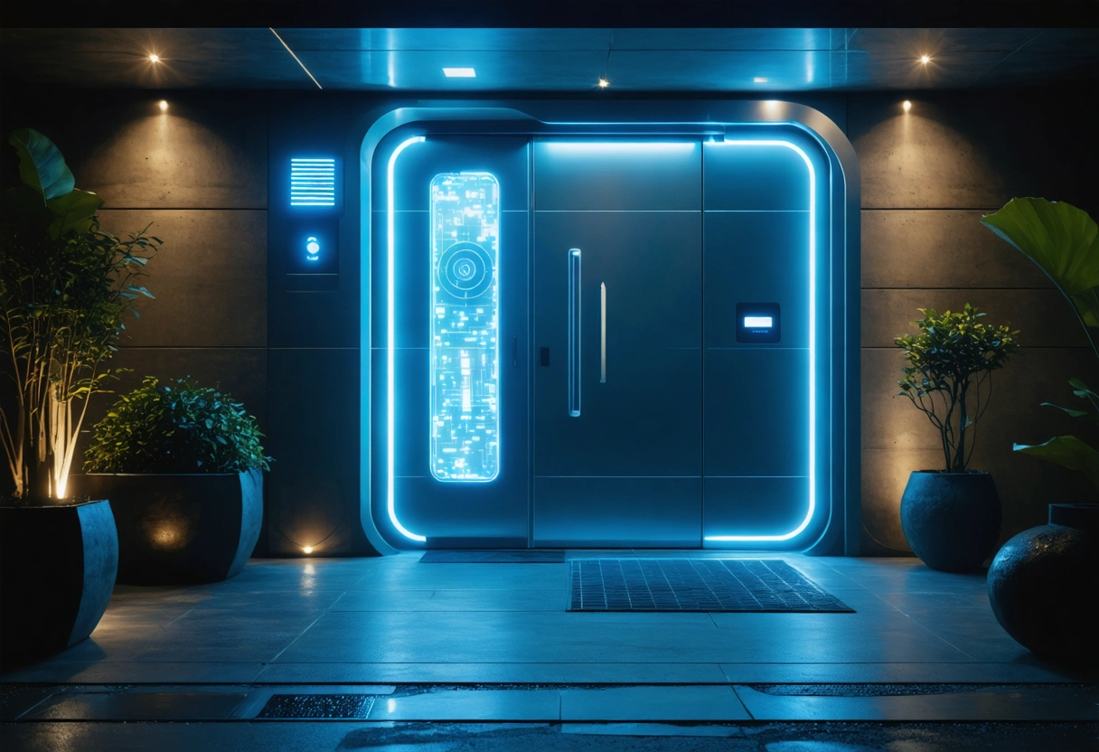 A futuristic home entrance with an advanced door closer featuring biometric access. Bright, futuristic lighting