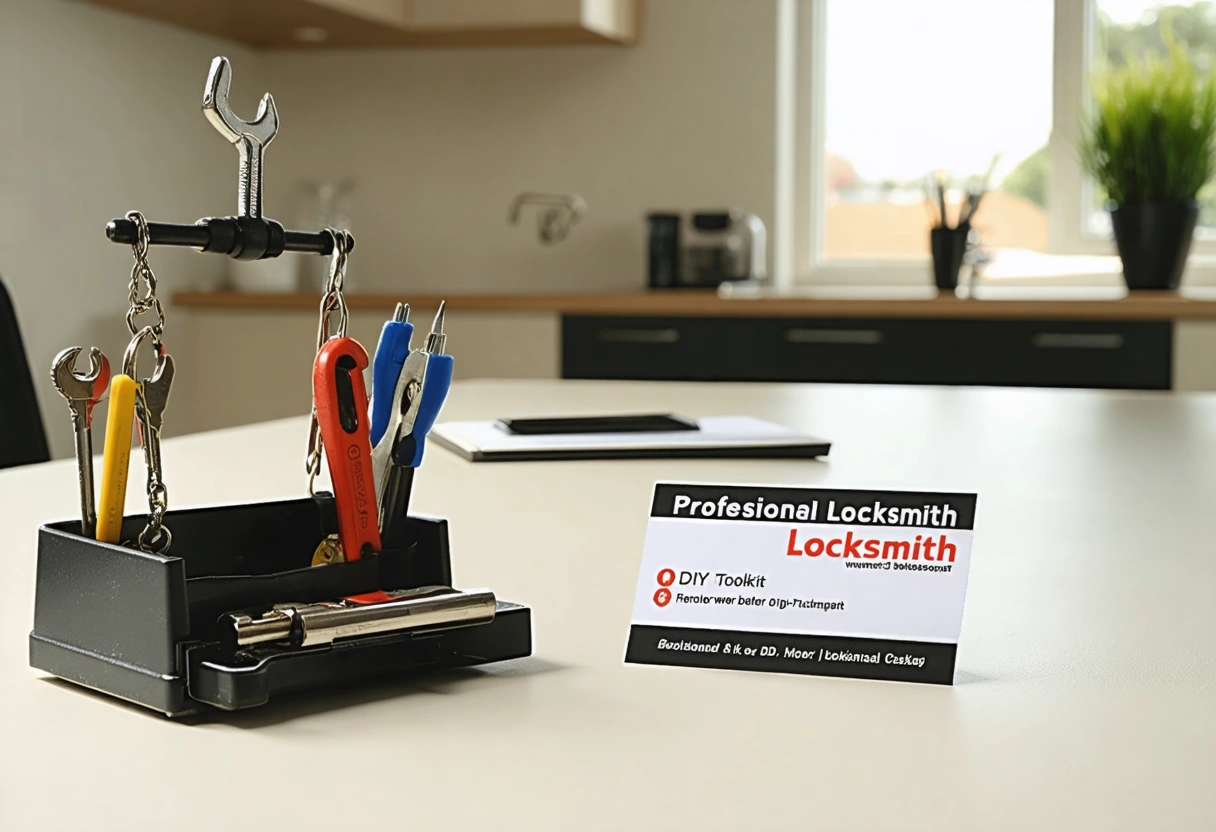 Homeowner contemplating DIY toolkit versus locksmith business card.