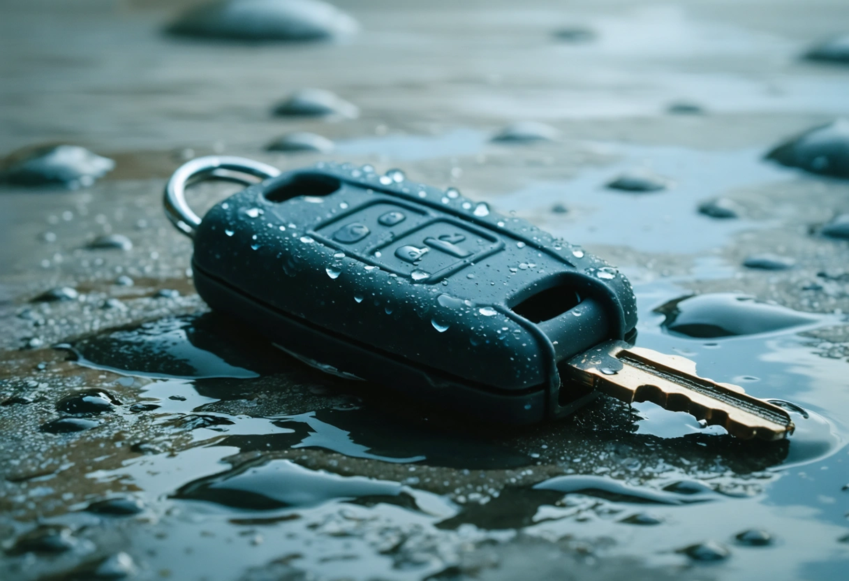 Key fob in protective case on wet surface with droplets