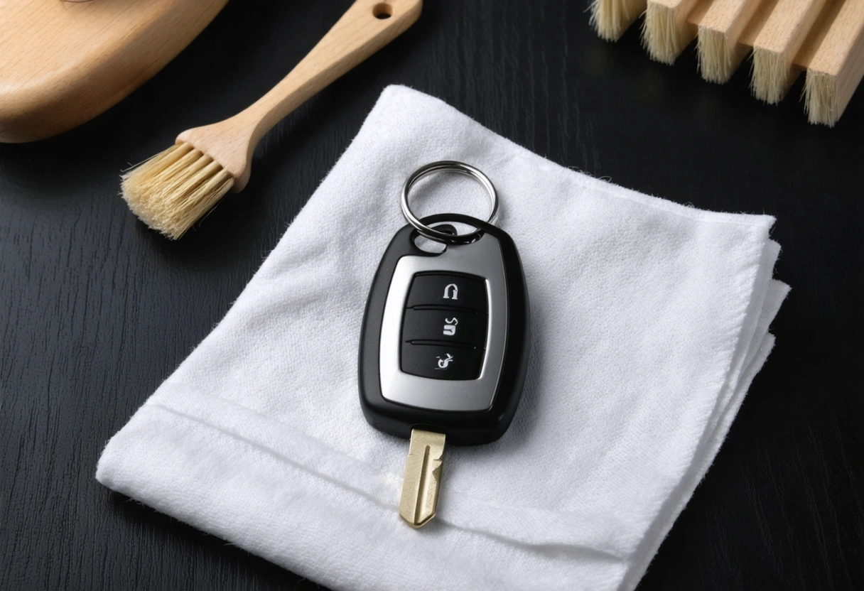 Key fob on cloth with maintenance tools nearby