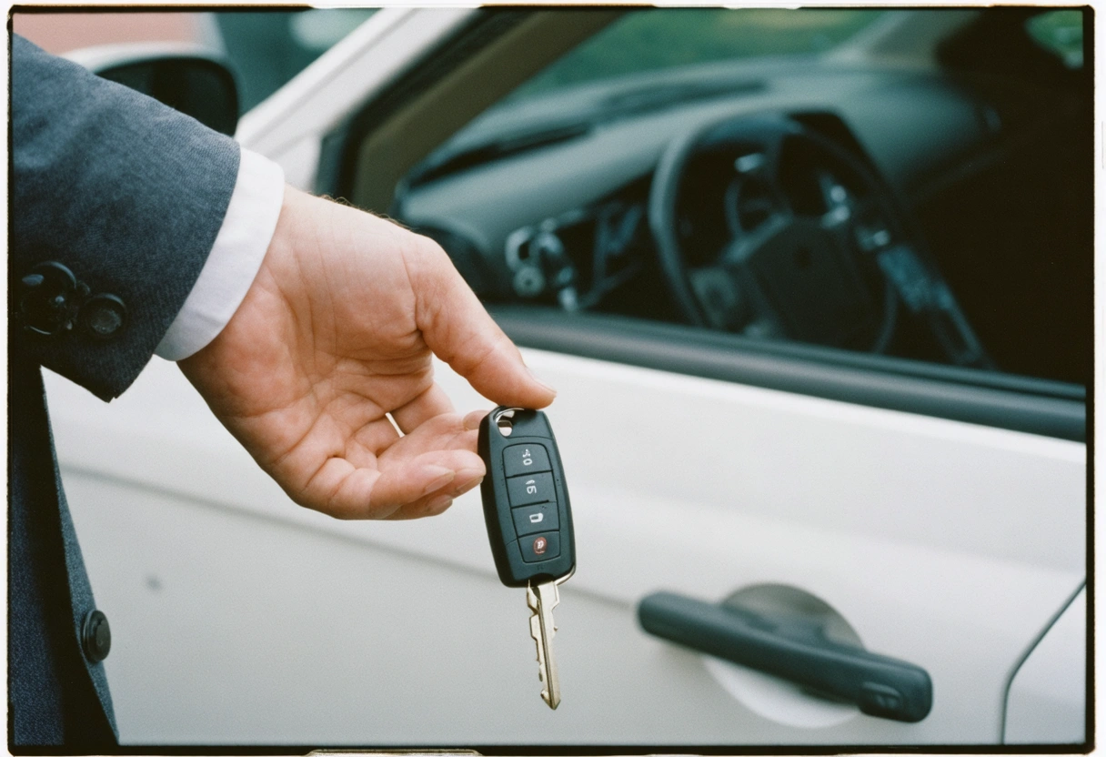 Person pressing key fob buttons with car in background