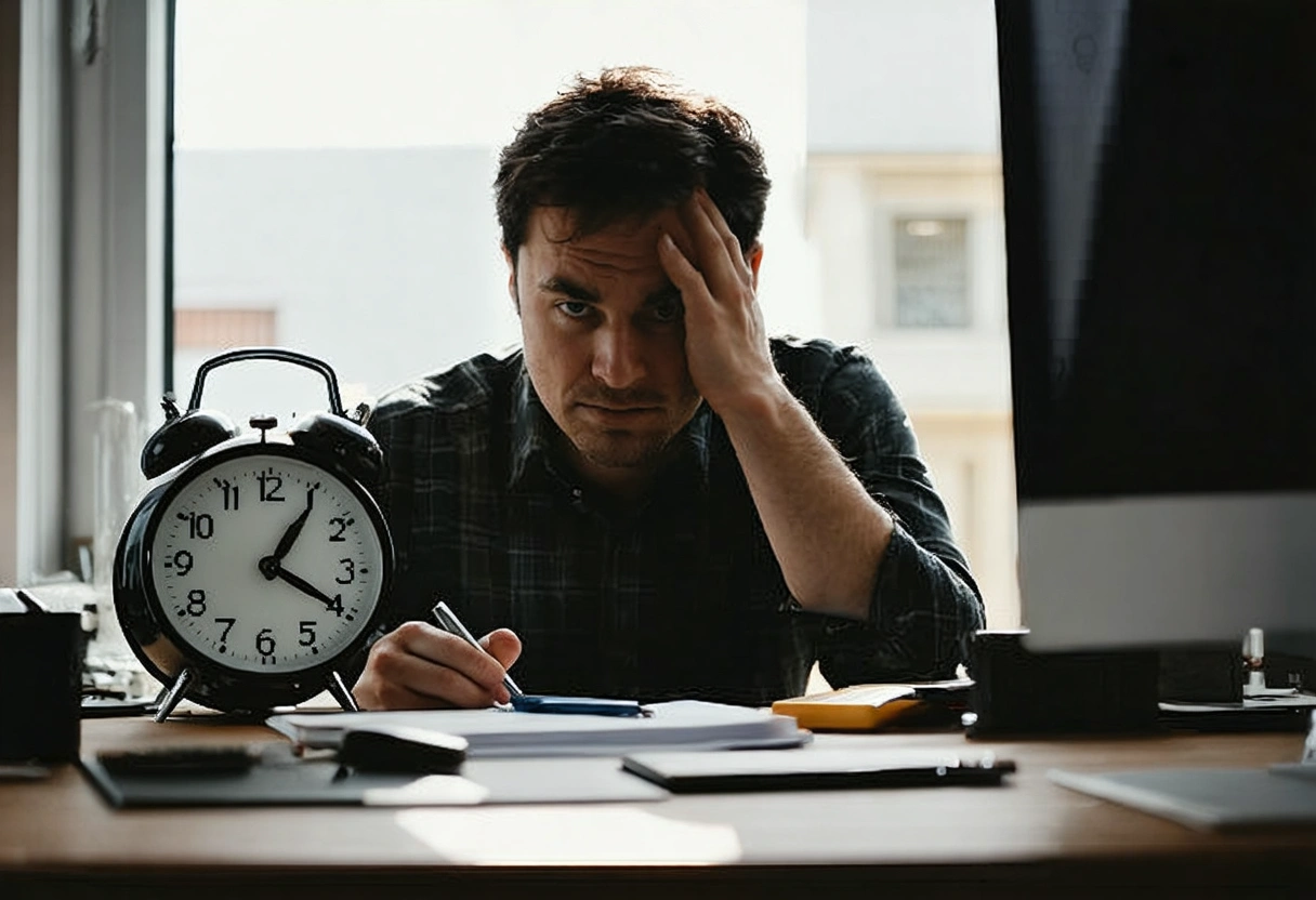 Frustrated person at desk, struggling with DIY lock repair.